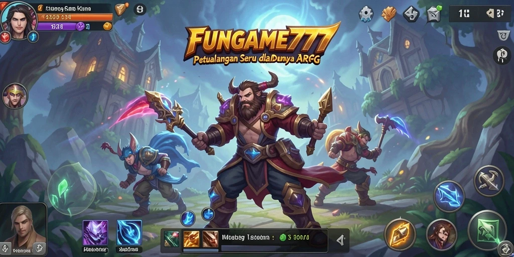 Tangkapan layar utama FUNGAME777 menampilkan aksi pertarungan epik dan dunia fantastis.