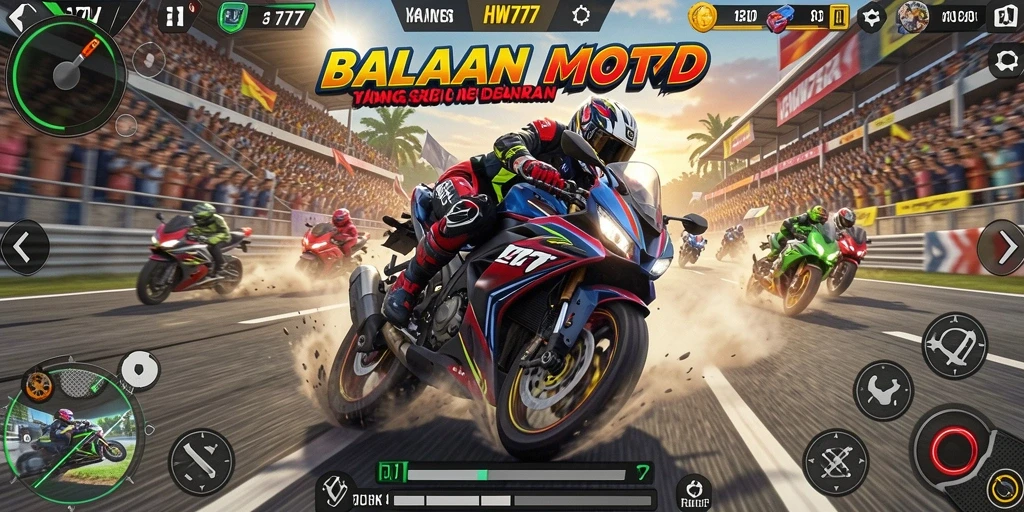 Screenshot utama HW777 menampilkan aksi balapan motor yang mendebarkan.