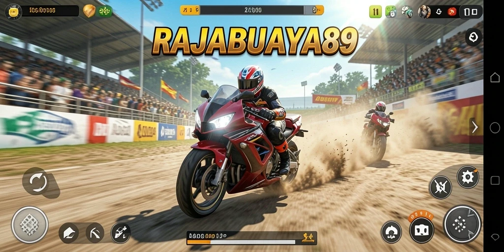 Screenshot RAJABUAYA89 menampilkan gameplay balapan motor yang intens.