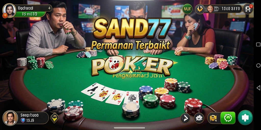 Screenshot gameplay SAND77 menampilkan para pemain Poker yang bersemangat.