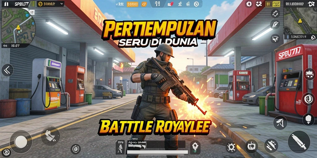 Screenshot gameplay SPBU77 yang menampilkan aksi intens Battle Royale.