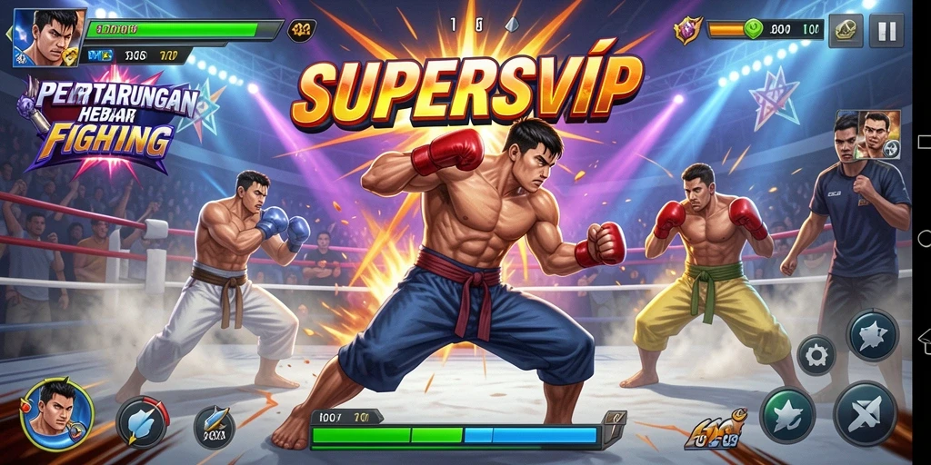 Tangkapan layar SUPERSVIP menampilkan aksi pertarungan mendebarkan dengan karakter yang kuat.