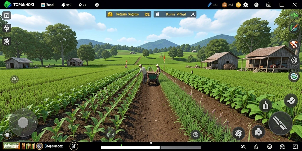 Screenshot gameplay TOPANHOKI menunjukkan kebun yang luas dan penuh tanaman.