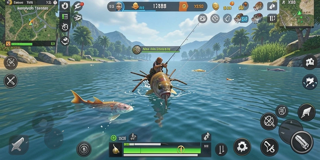 Screenshot gameplay X88 yang menunjukkan aksi memancing seru.